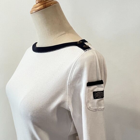 Lauren Jeans Co Ralph Lauren White Boatneck T-Shirt Small Cotton Blue Trim - Picture 1 of 7